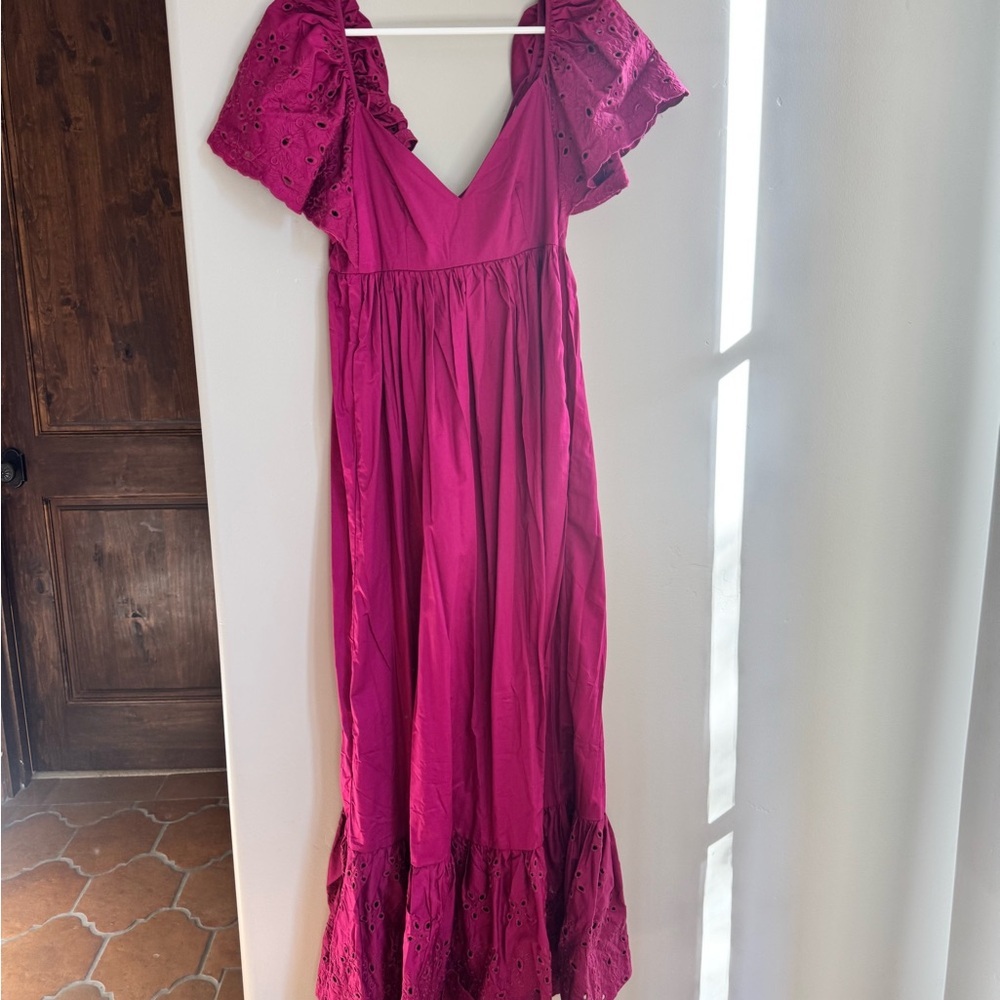 En Saison Eyelet Puff Sleeve Midi Dress M Magenta Cottagecore Romantic - Picture 3 of 10